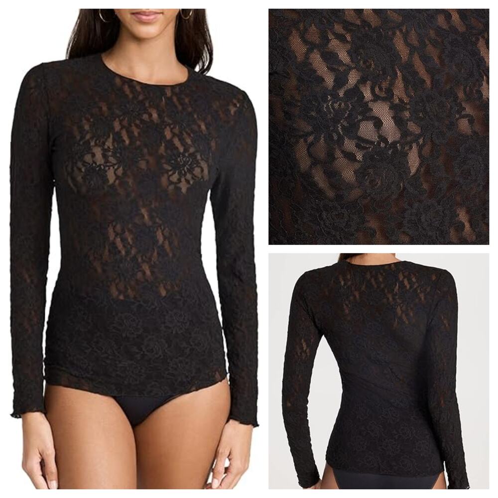 NEW‎ Hanky Panky Signature Lace Unlined Long Sleeve Top S Floral Sheer Black USA